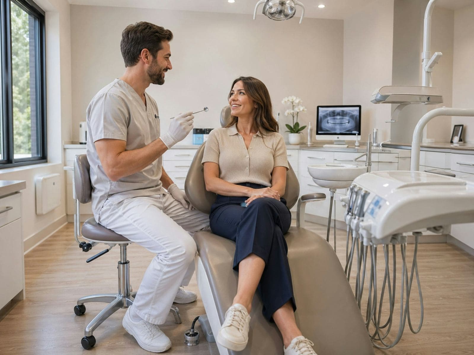 A dentist chatting with a relaxed patient sitting up in the chair