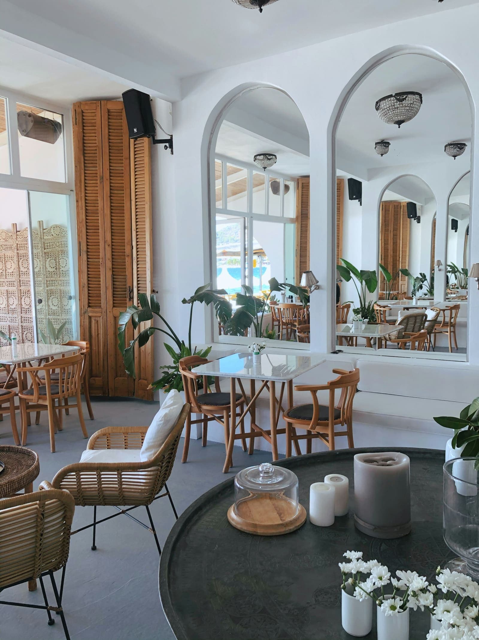 A bright café interior with arched windows, pale wood tables and plants
