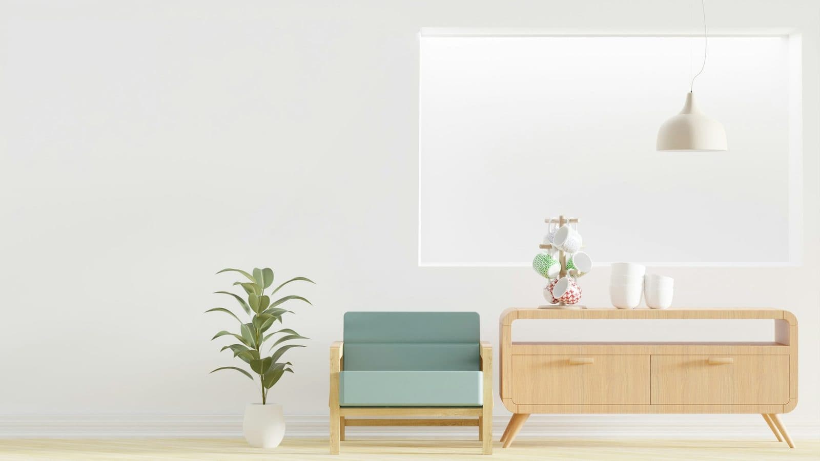 A calm, tidy living room with a mint armchair and an oak sideboard