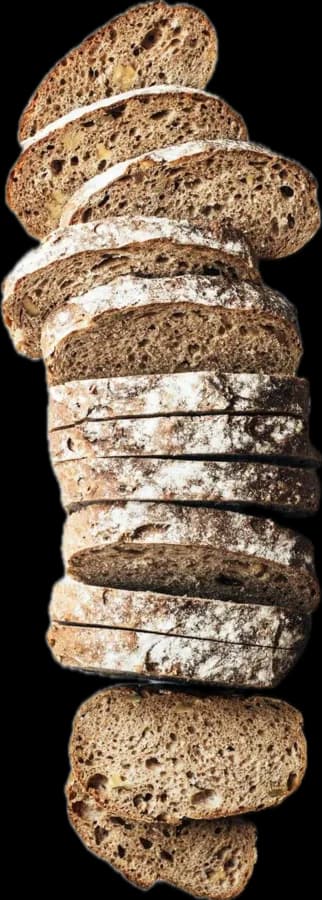Slices of dark seeded rye laid in a line
