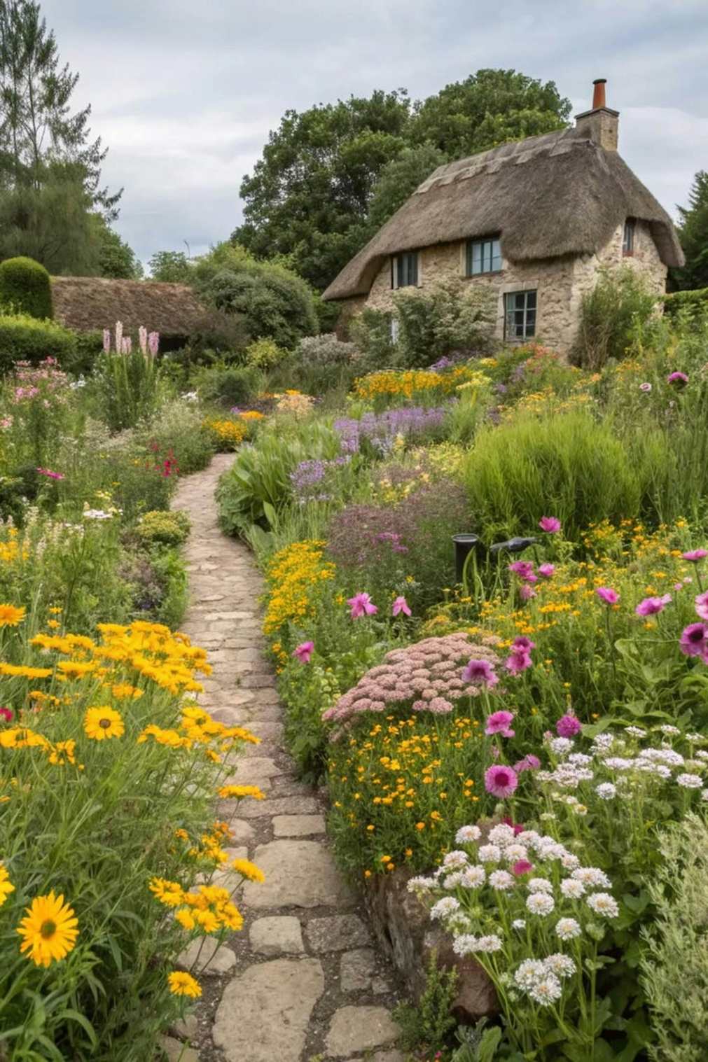 A flagstone path through deep perennial borders towards a thatched cottage