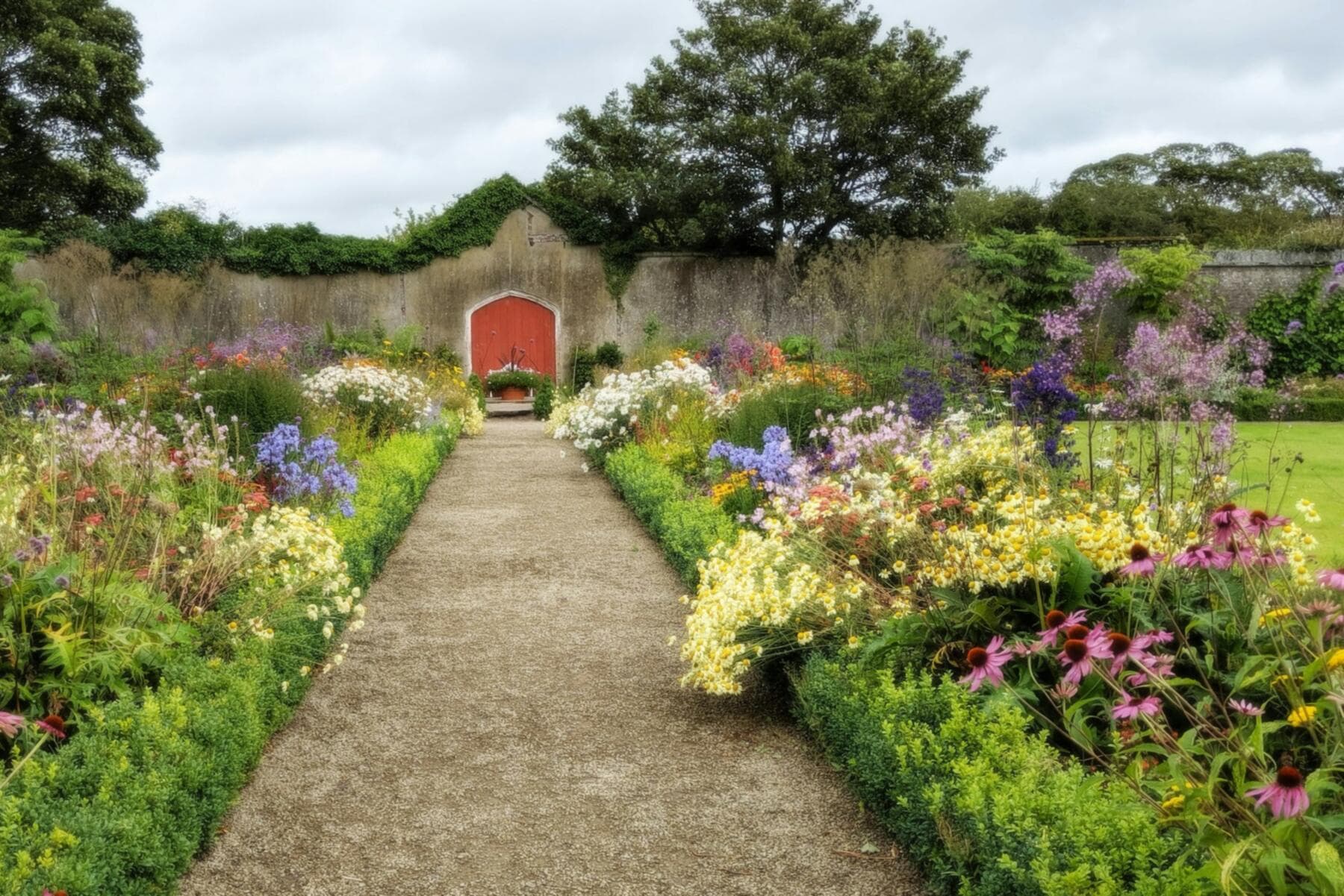 A gravel path between deep summer borders of daisies, salvia and phlox towards a red door in a garden wall
