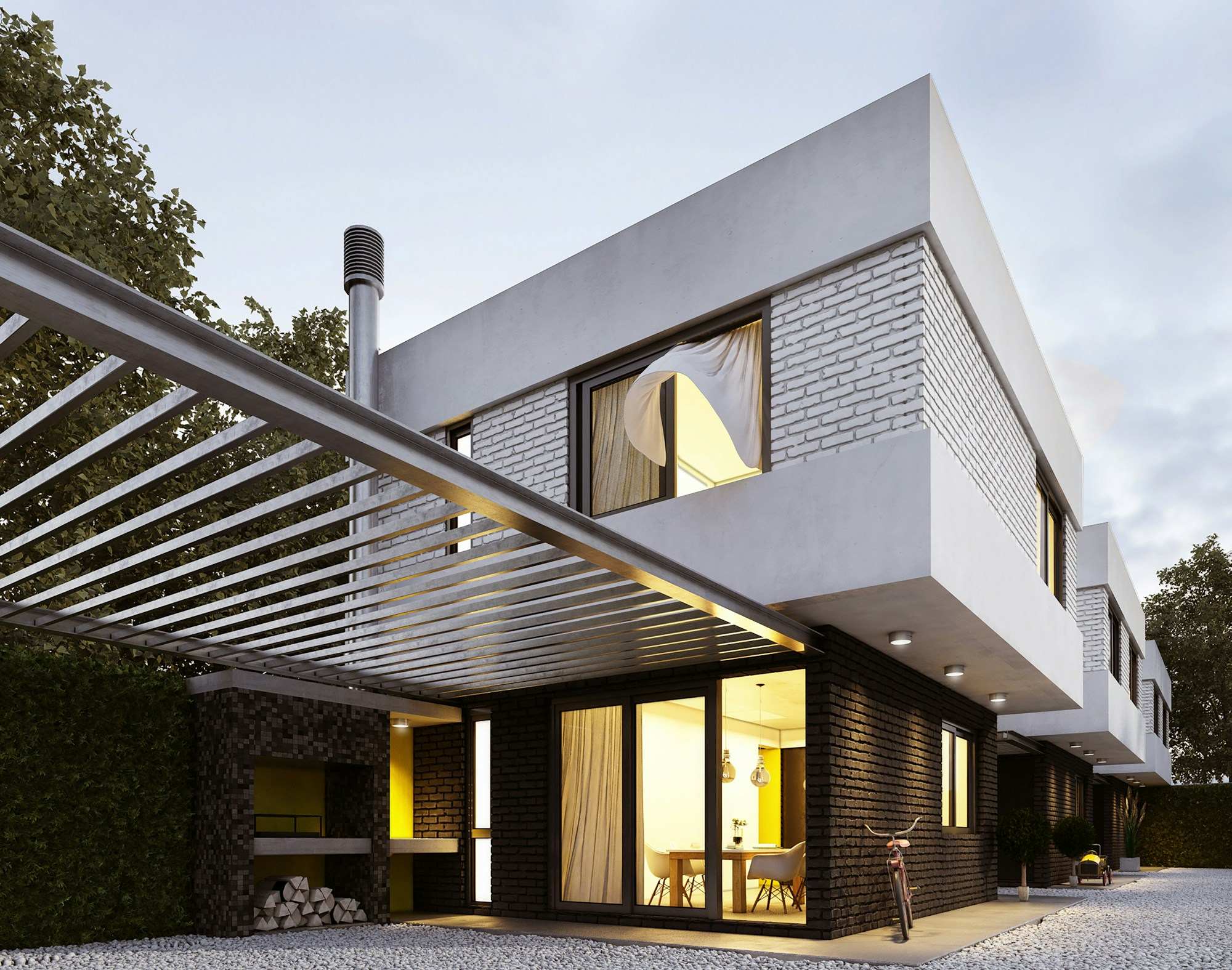 A two storey modern extension at dusk, white render over dark brick with a timber pergola and warm light inside