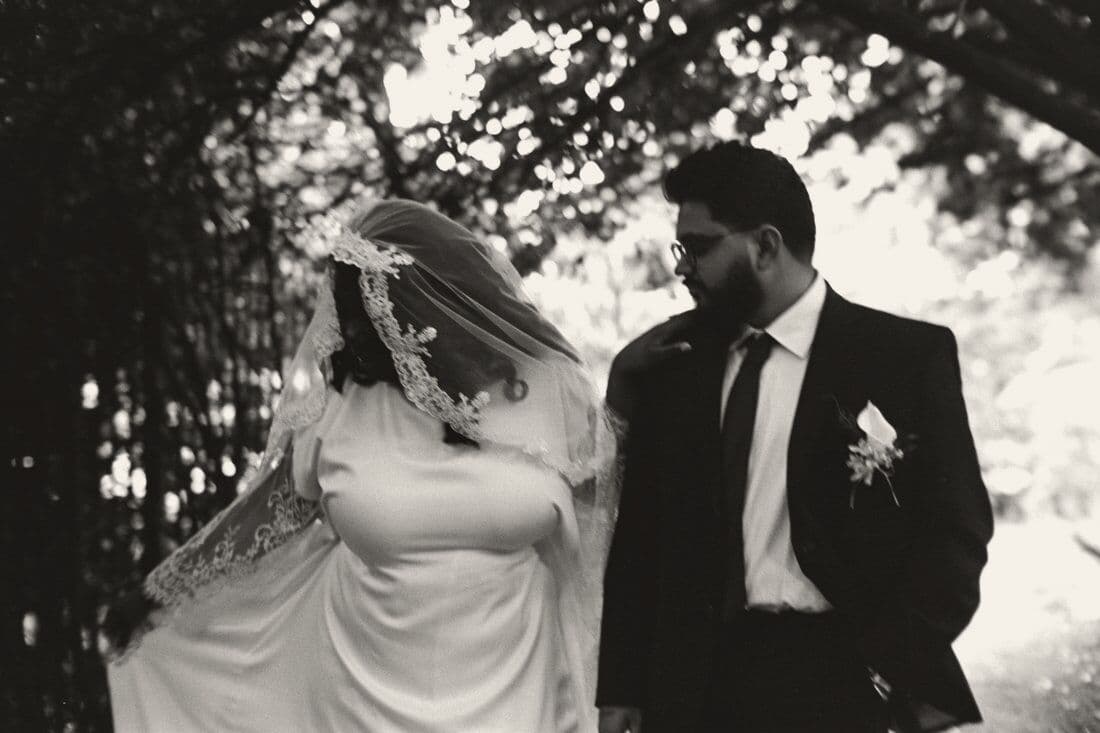 The couple walking beneath trees