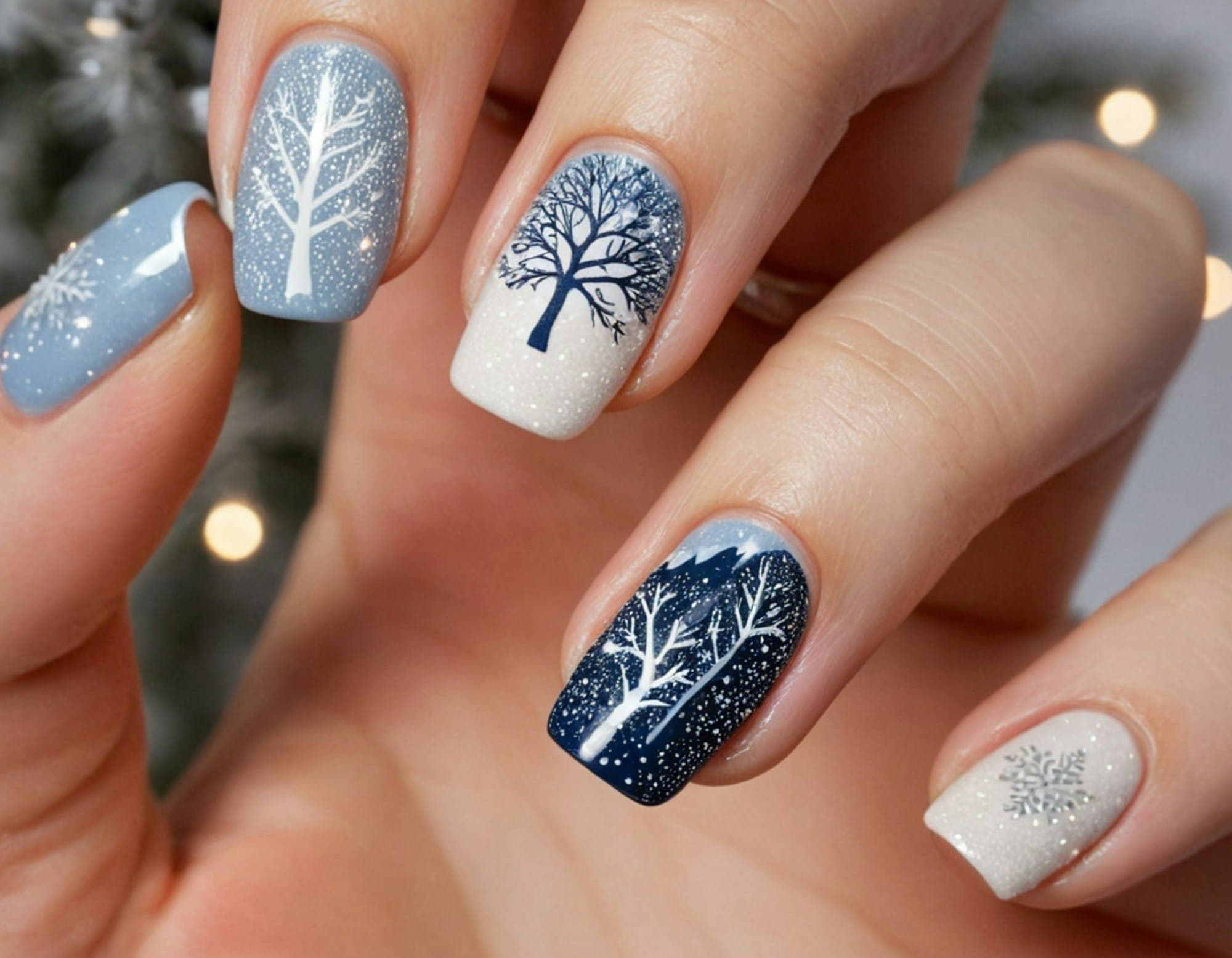 Nails in pale blue, navy and white with hand-painted white trees