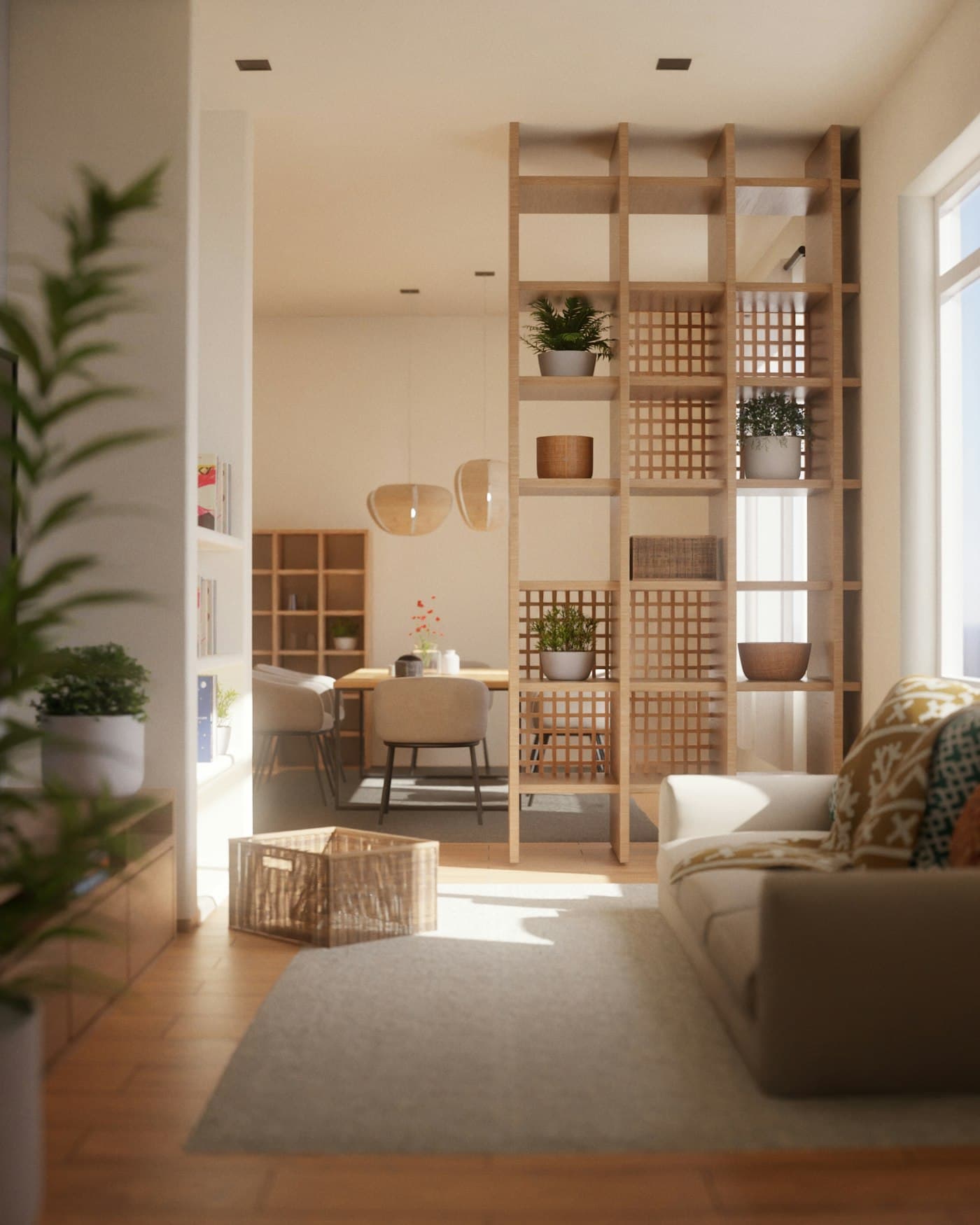 An open-plan room seen through tall oak shelving, with a sofa, a rug and a dining table beyond