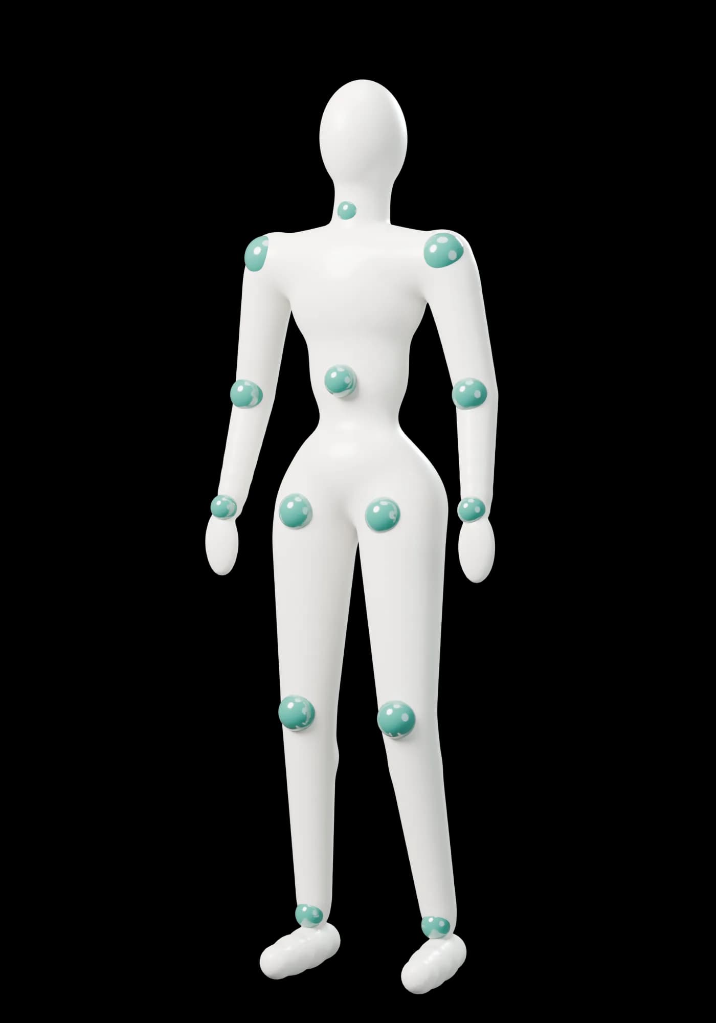 A 3D mannequin figure in ivory with teal joints, standing slightly turned, with pain points marked on it