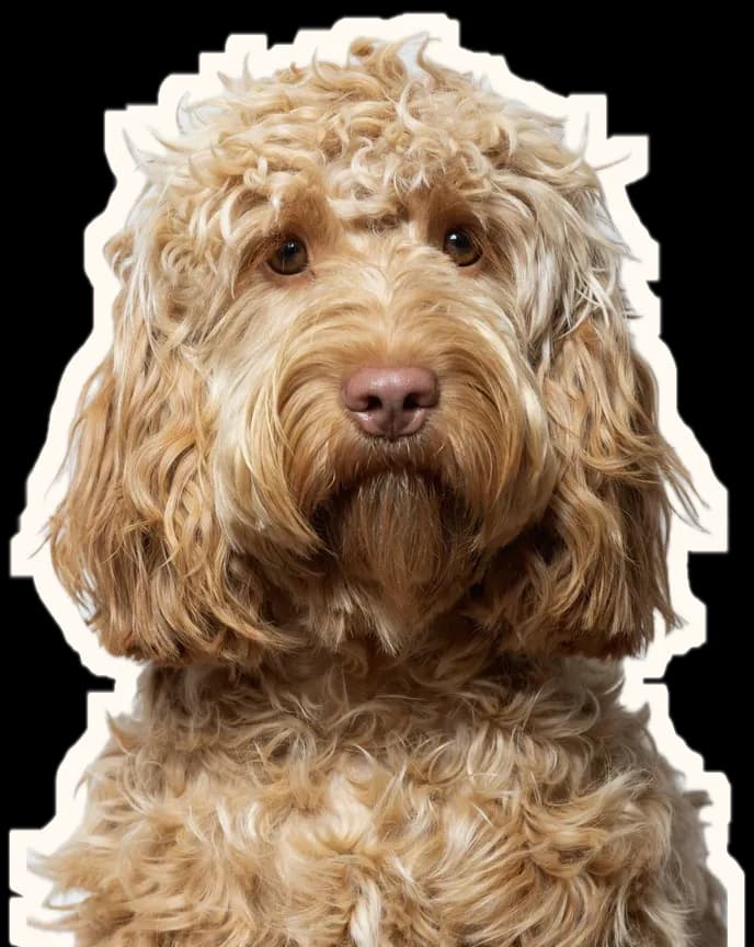 A curly apricot cockapoo looking straight at the camera