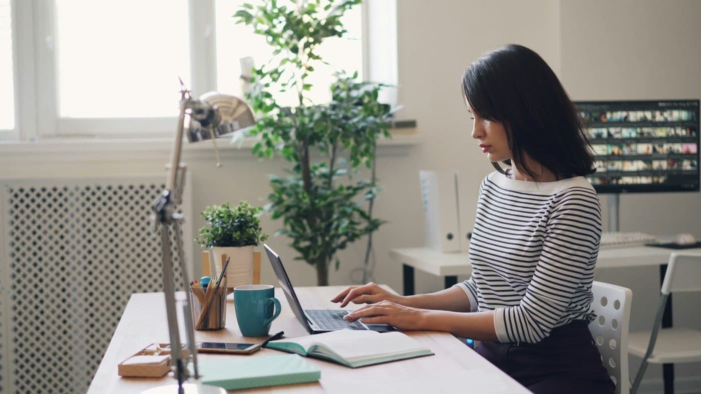 A company director working at a laptop in a light, plant-filled office
