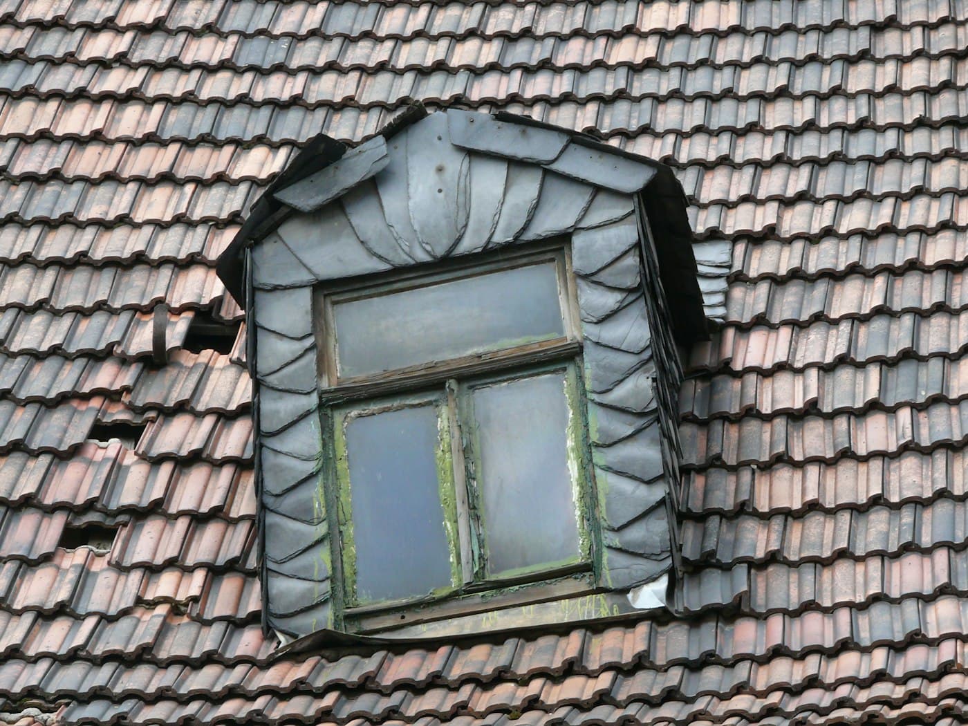 A slate-clad dormer window set into an old clay-tiled roof