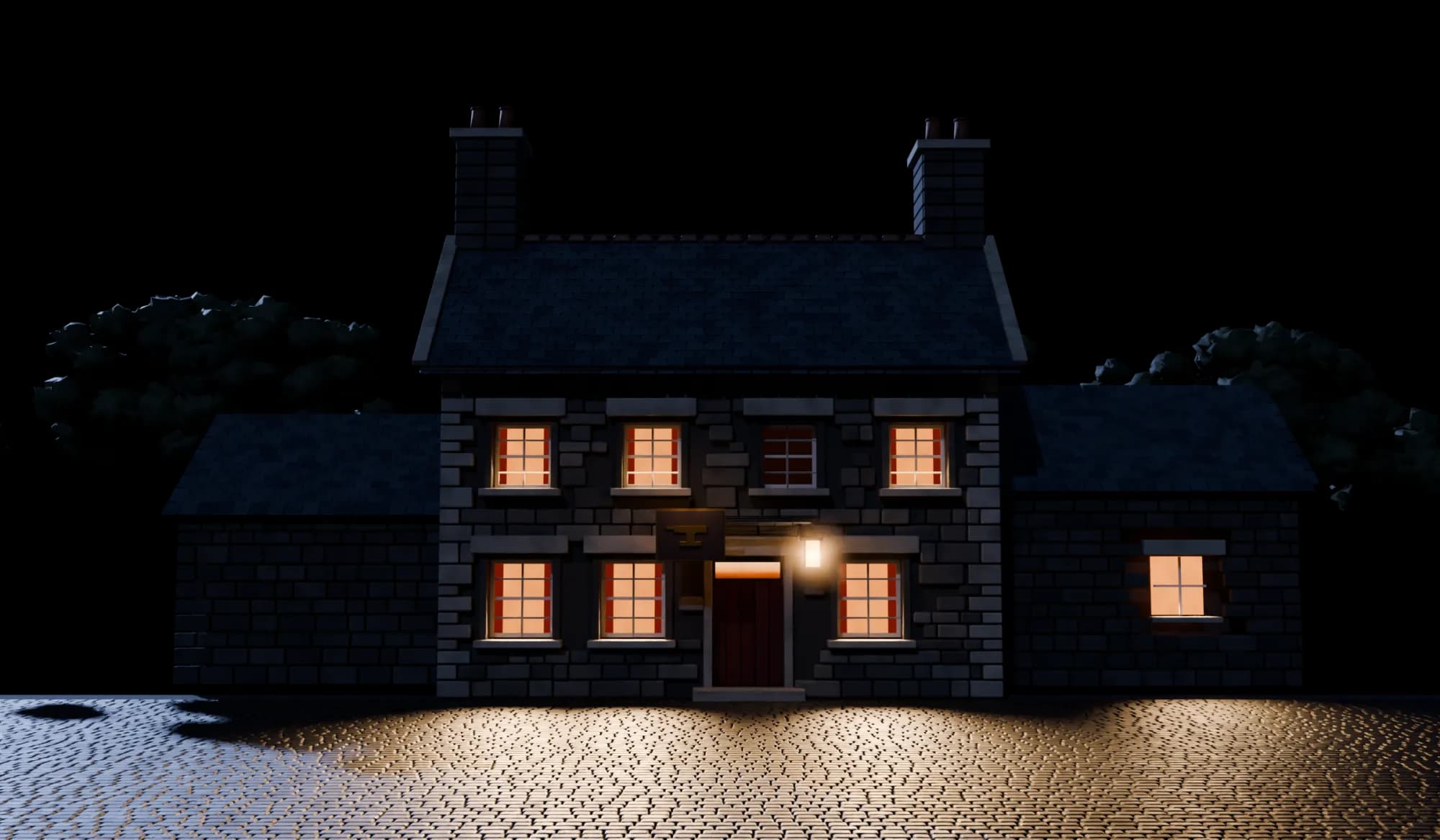 The Old Forge Inn at night: a two-storey granite inn with a slate roof, two chimneys, every window lit amber, a lantern by the red door and the pub sign hanging over the lane