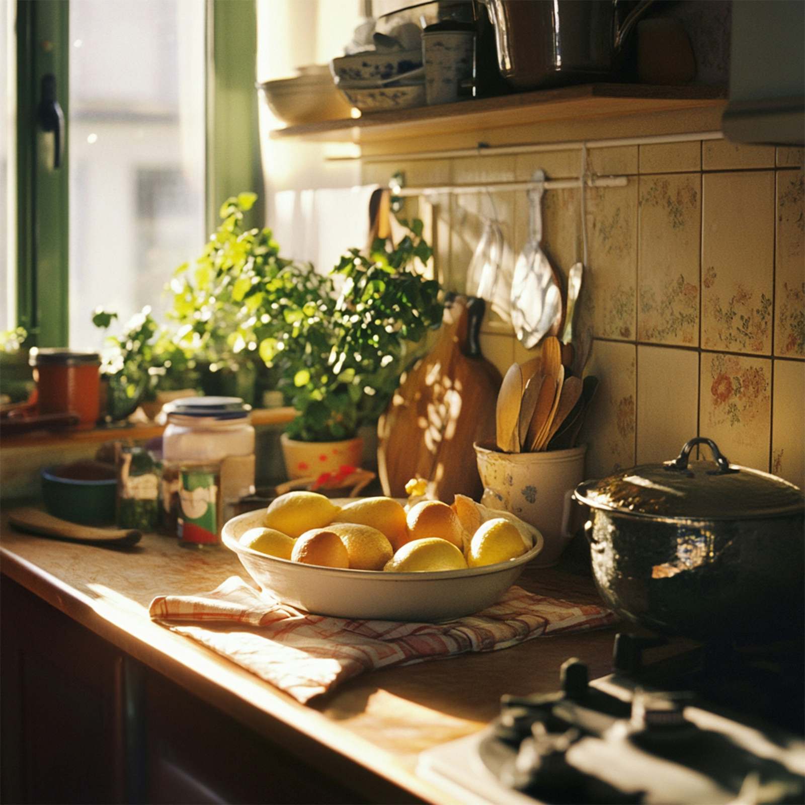Morning sun across a kitchen worktop with herbs on the windowsill and a bowl of lemons