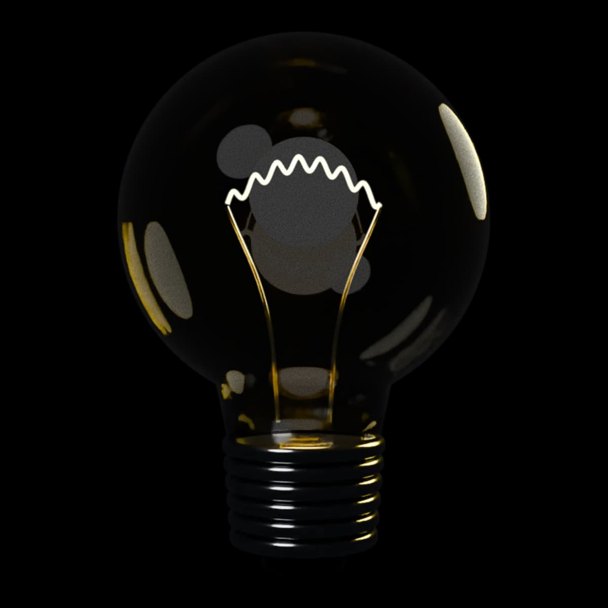 A filament light bulb, lit
