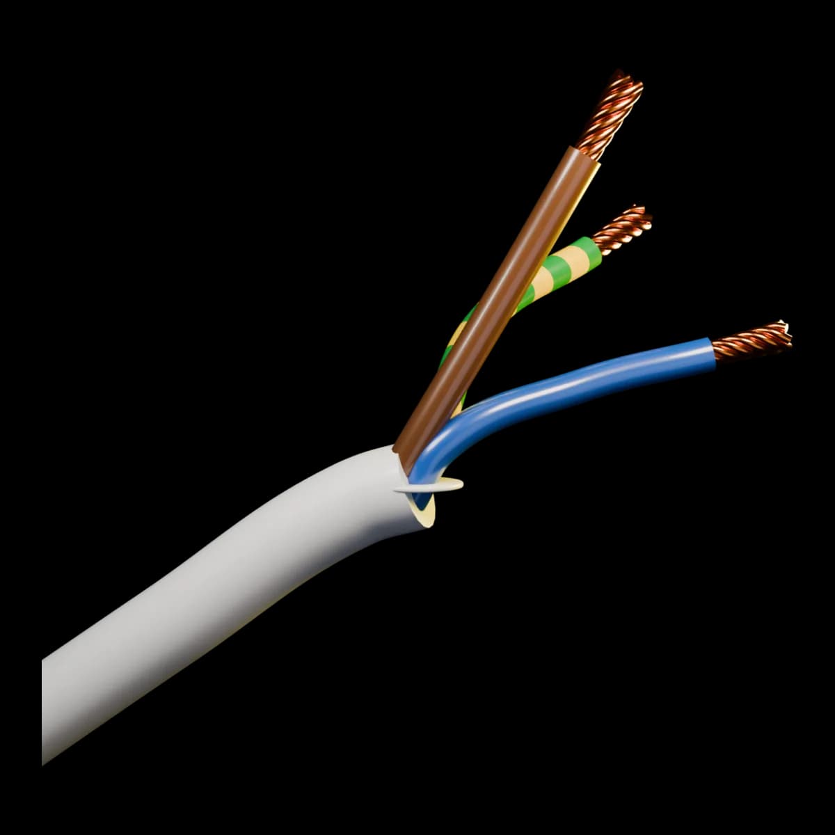 A cut three-core cable with bared copper strands