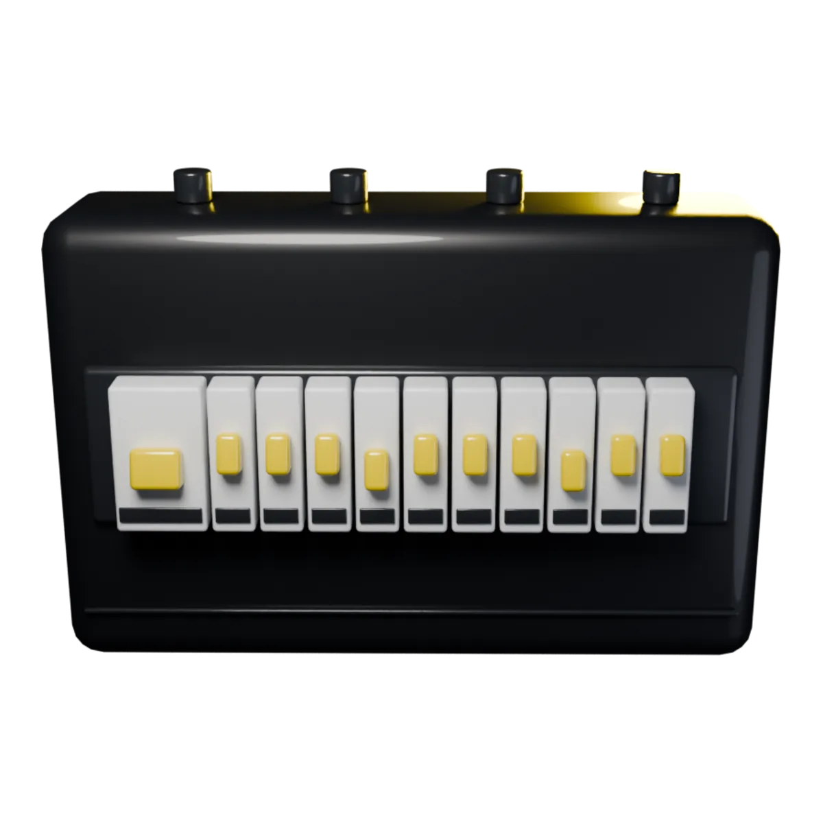 A graphite consumer unit with a row of breakers and yellow toggles