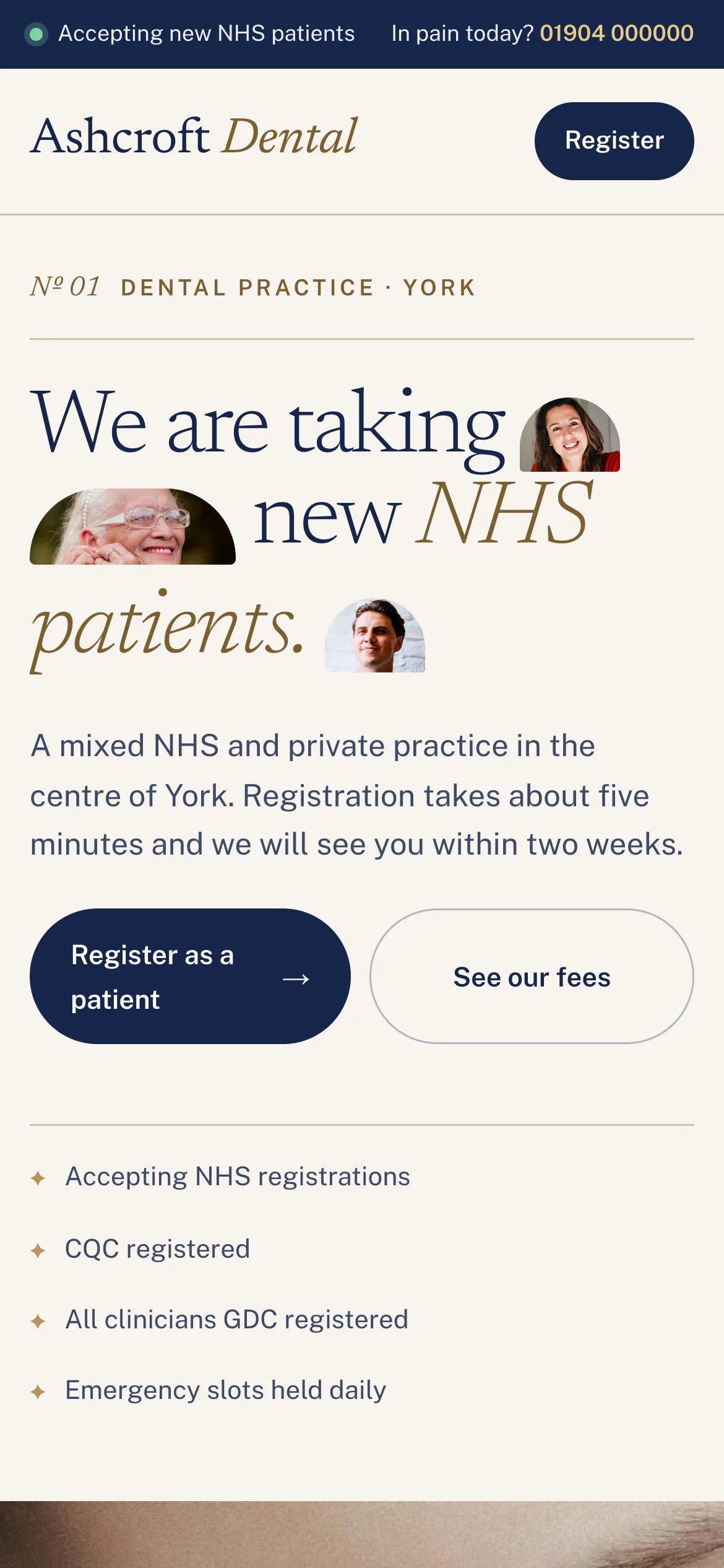 The Ashcroft Dental Practice website on a phone