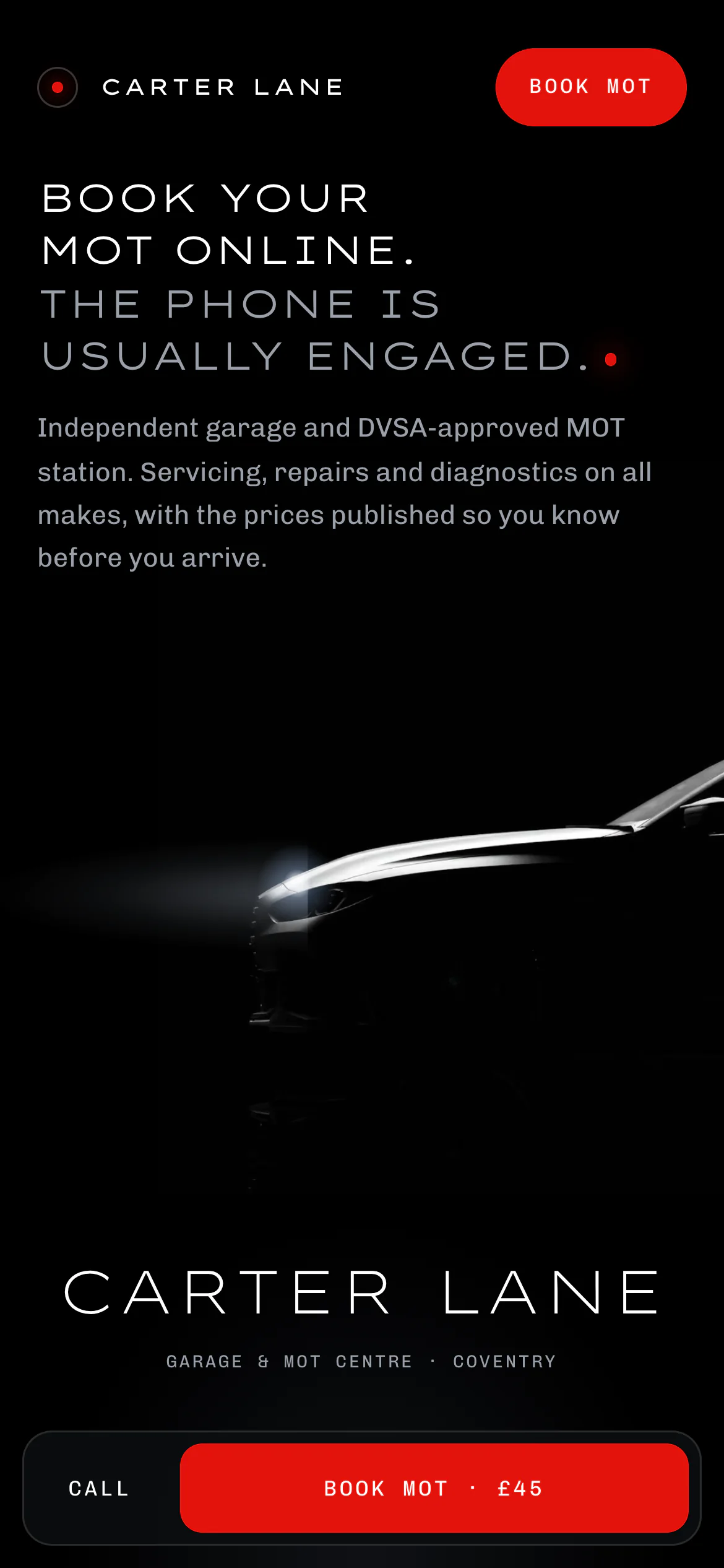 The Carter Lane Garage website on a phone