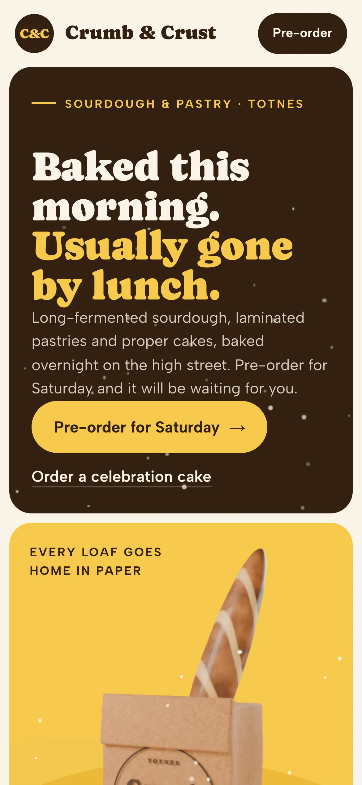The Crumb & Crust Bakery website on a phone