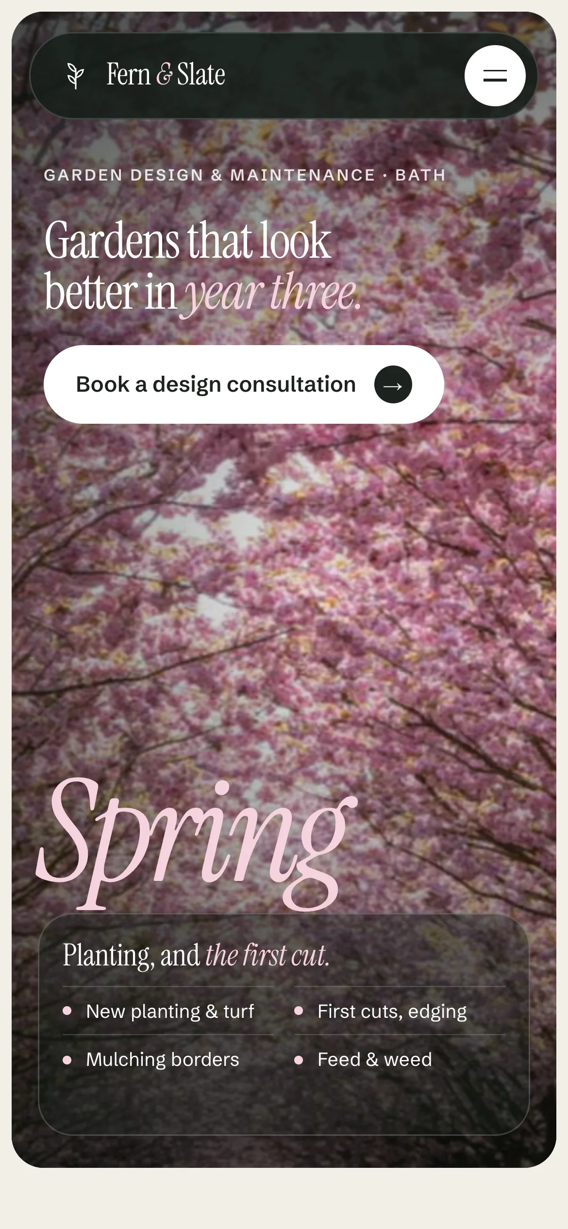 The Fern & Slate Landscapes website on a phone