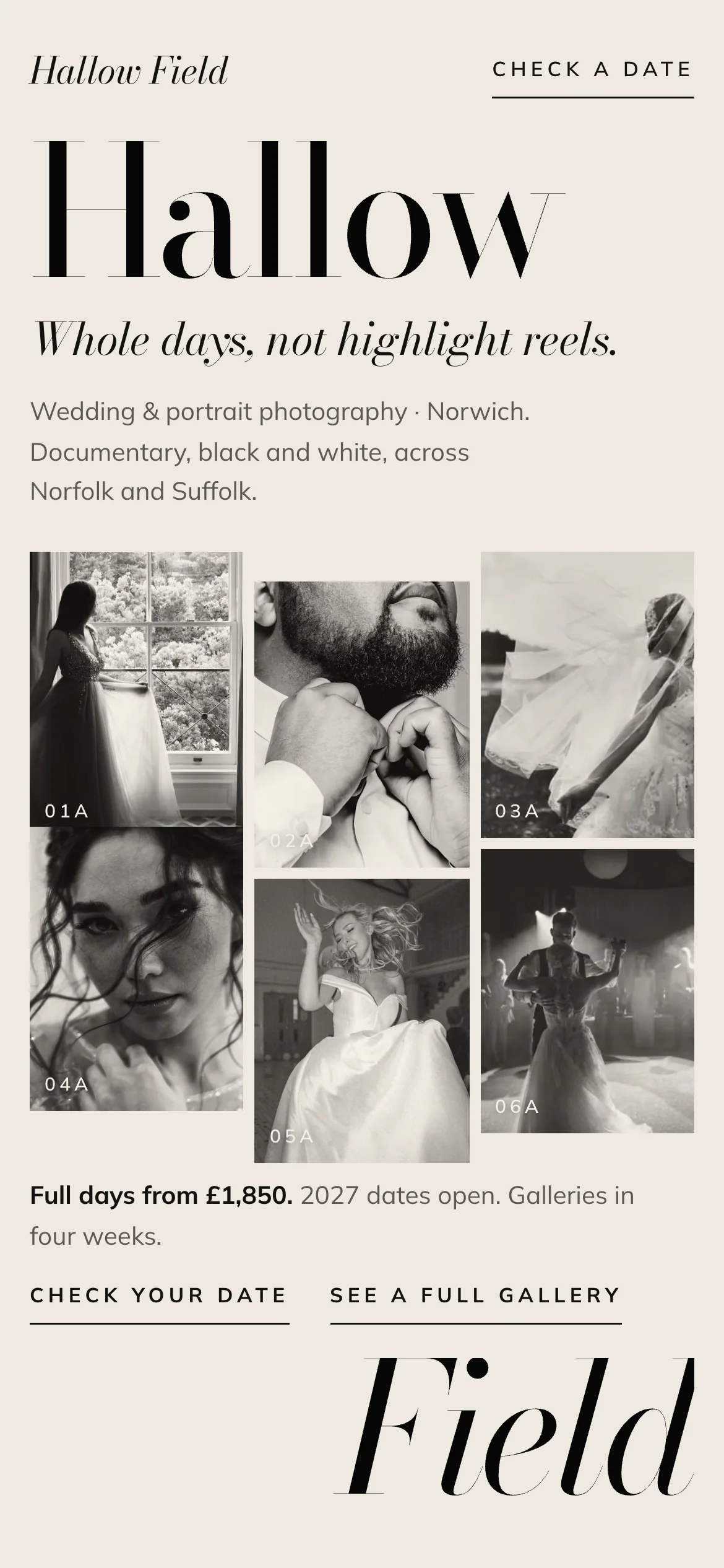 The Hallow Field Photography website on a phone