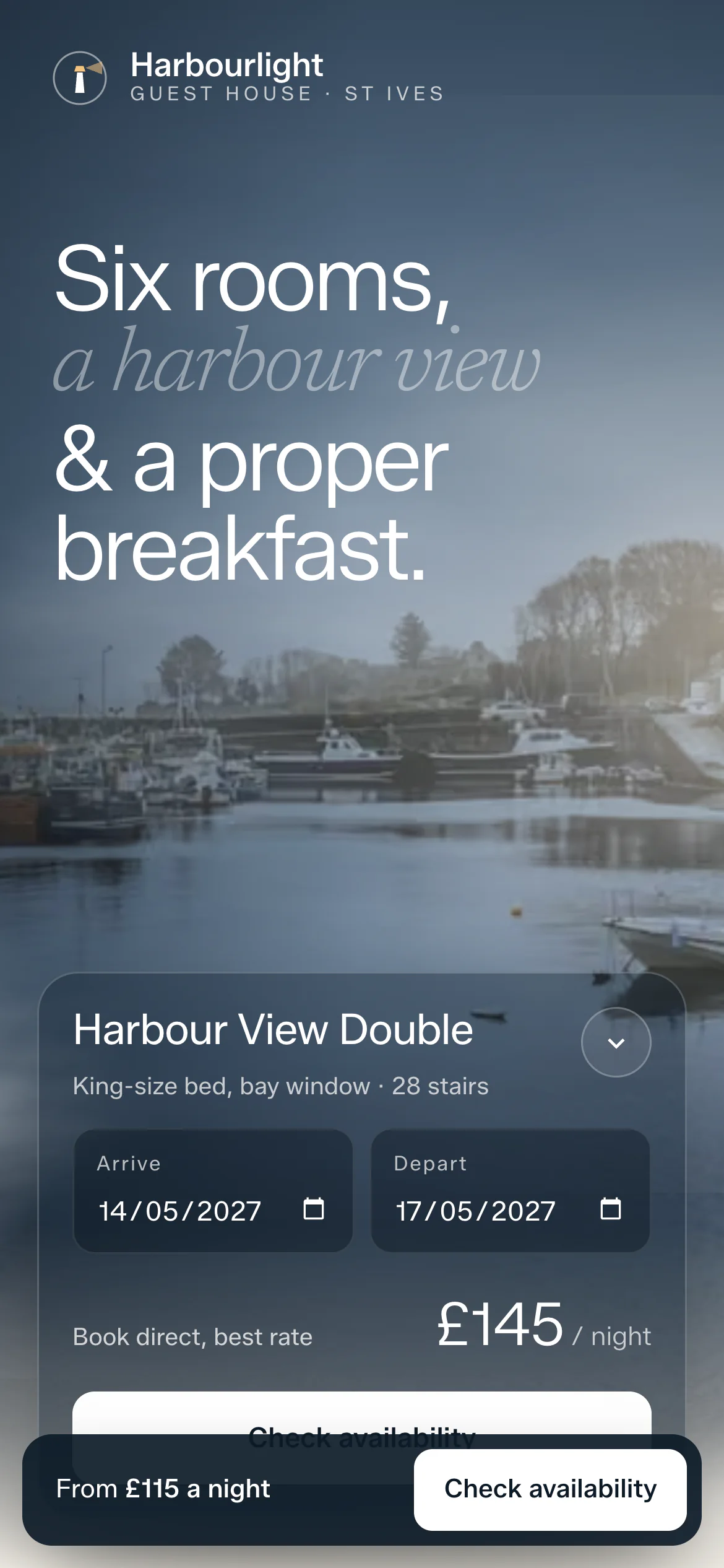 The Harbourlight Guest House website on a phone