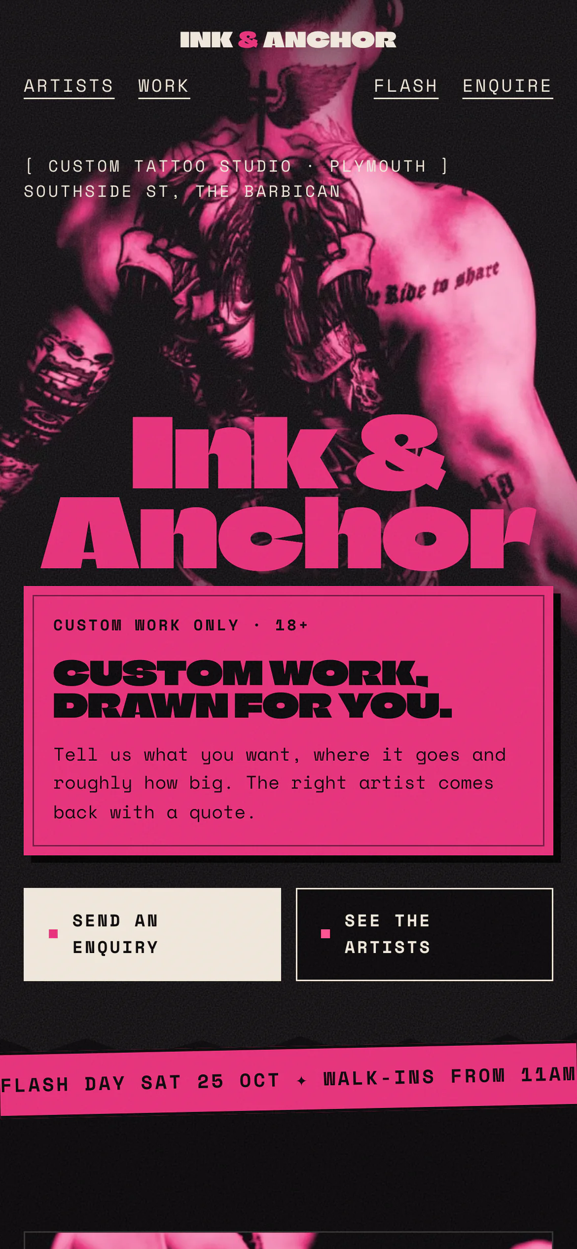 The Ink & Anchor Tattoo website on a phone