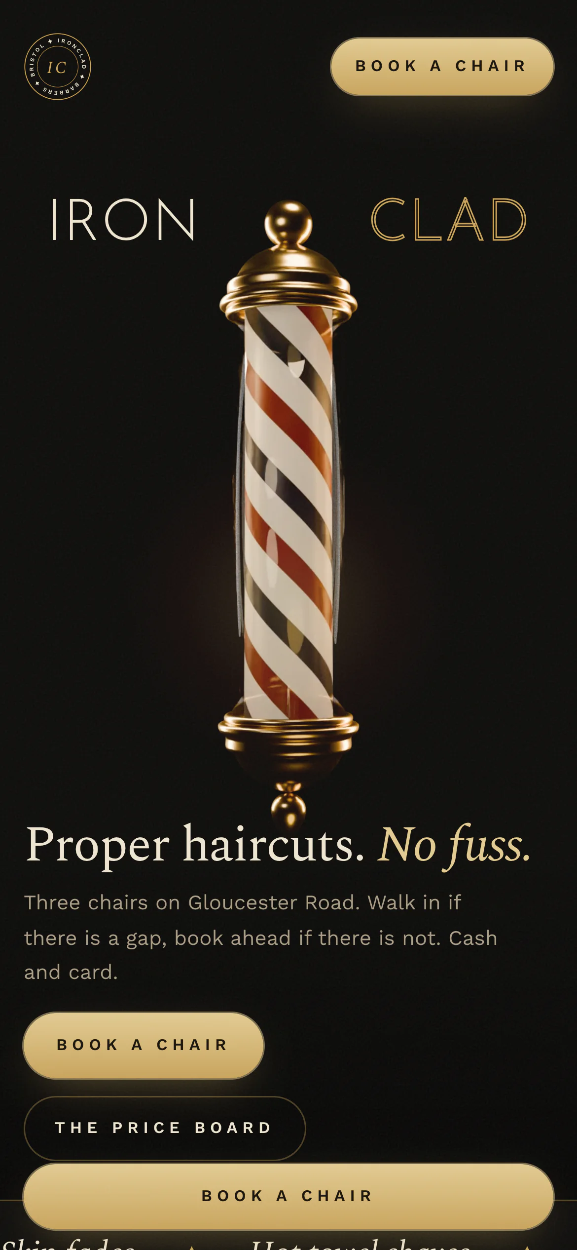 The Ironclad Barbers website on a phone