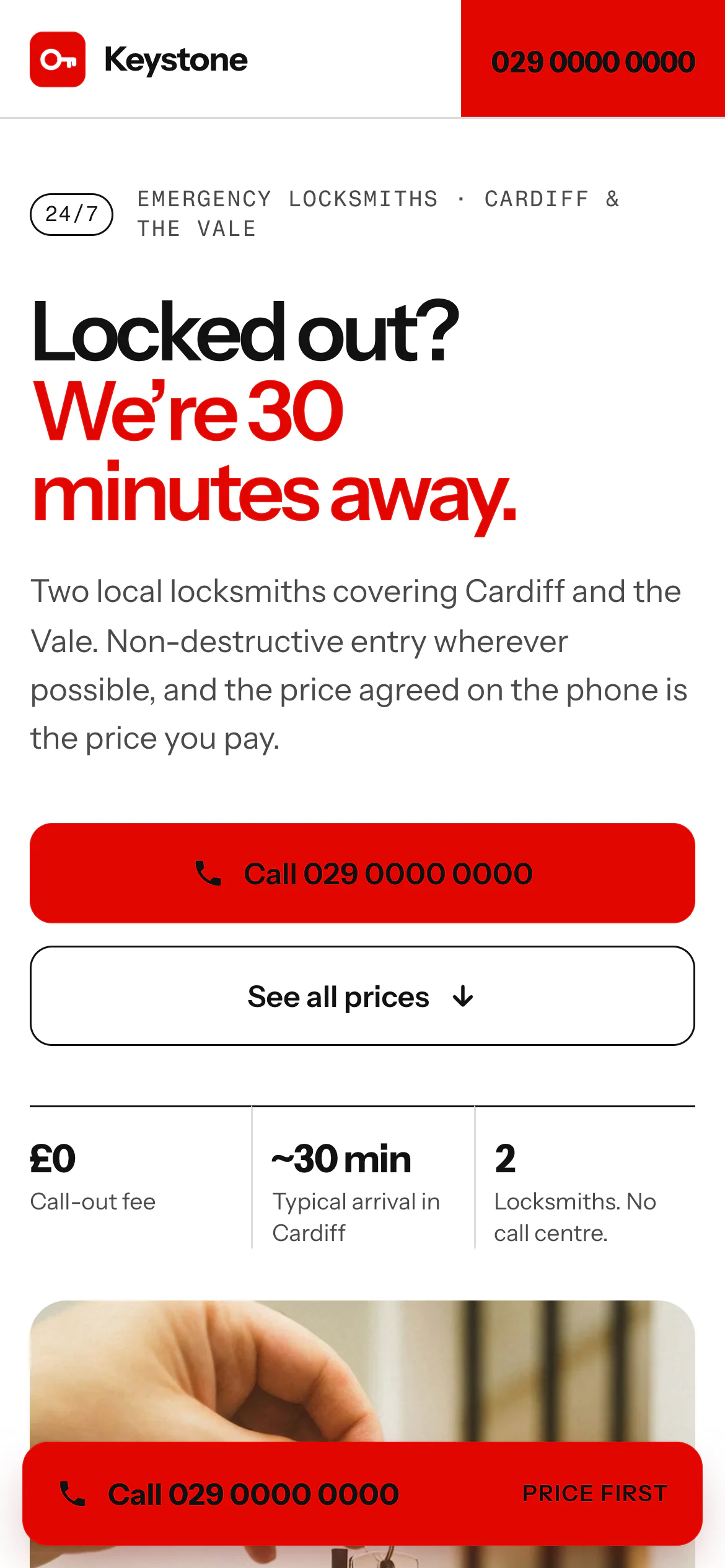 The Keystone Locksmiths website on a phone