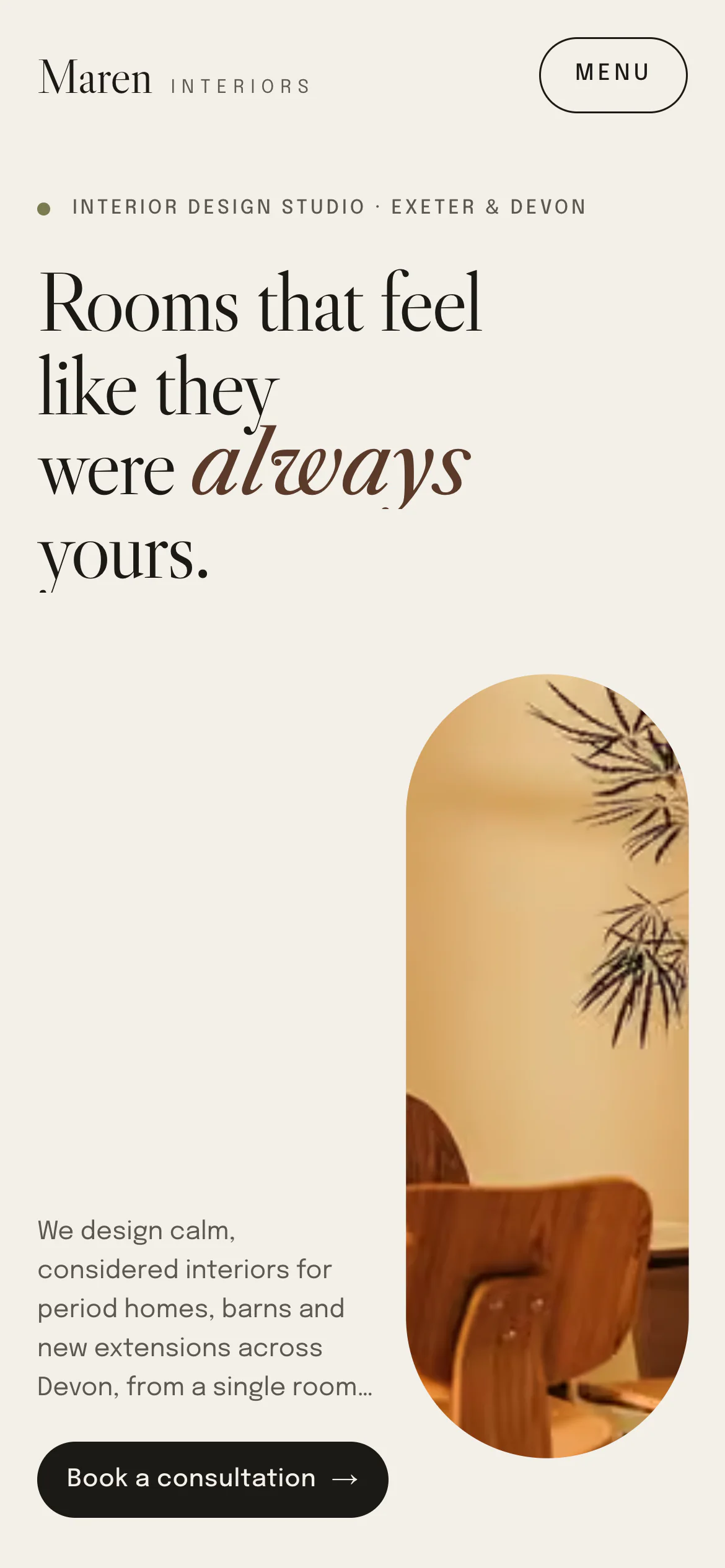 The Maren Interiors website on a phone