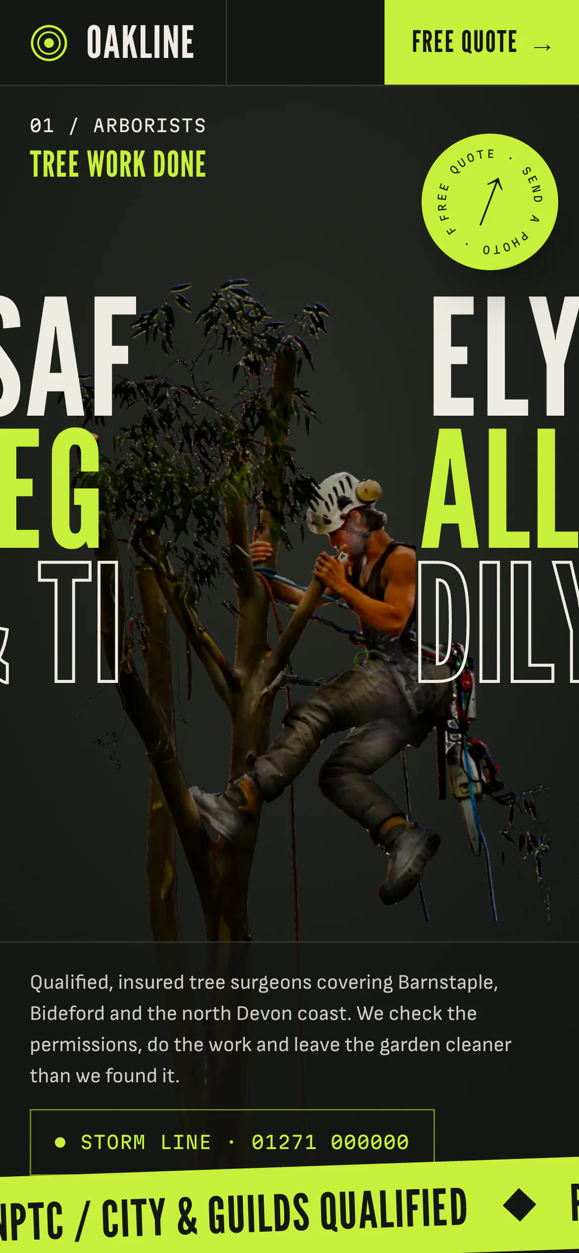 The Oakline Tree Surgery website on a phone
