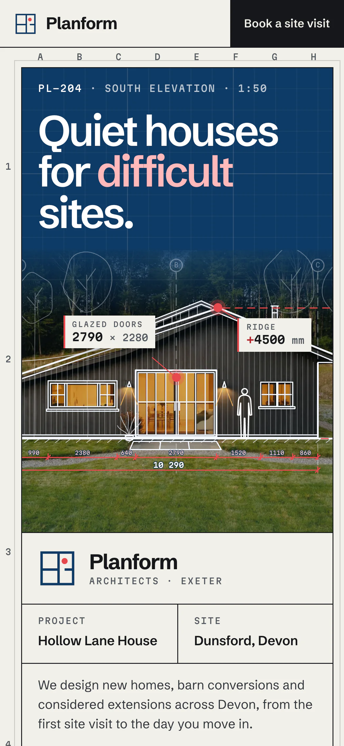 The Planform Architects website on a phone